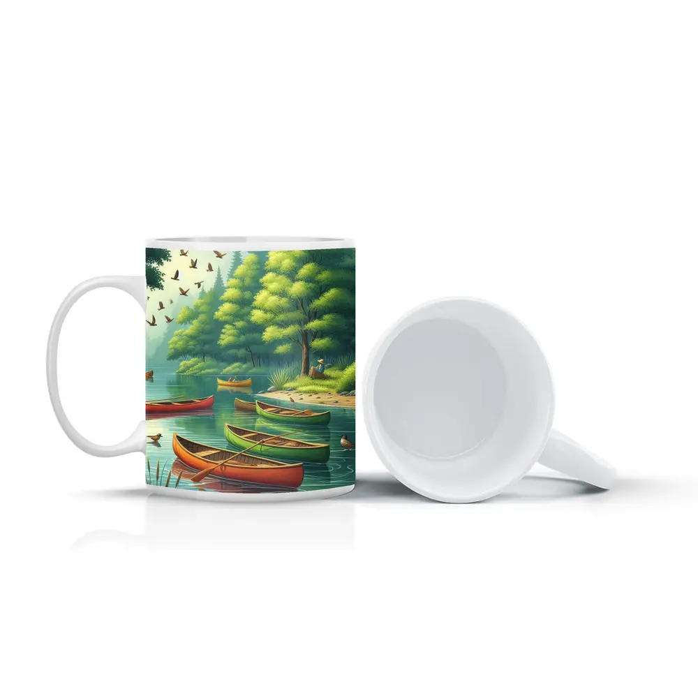Colorful Canoes Floating on Calm Forest Lake – Mugs