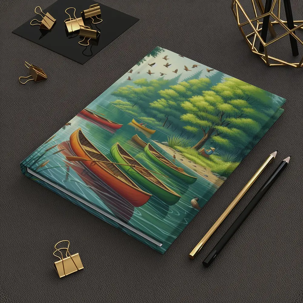 Colorful Canoes Floating on Calm Forest Lake – Notebooks