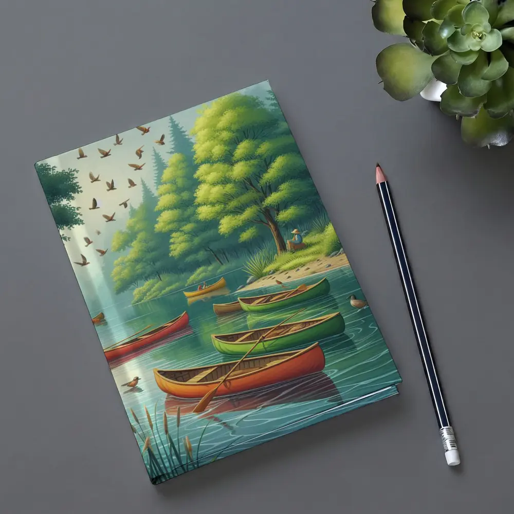 Colorful Canoes Floating on Calm Forest Lake – Notebooks