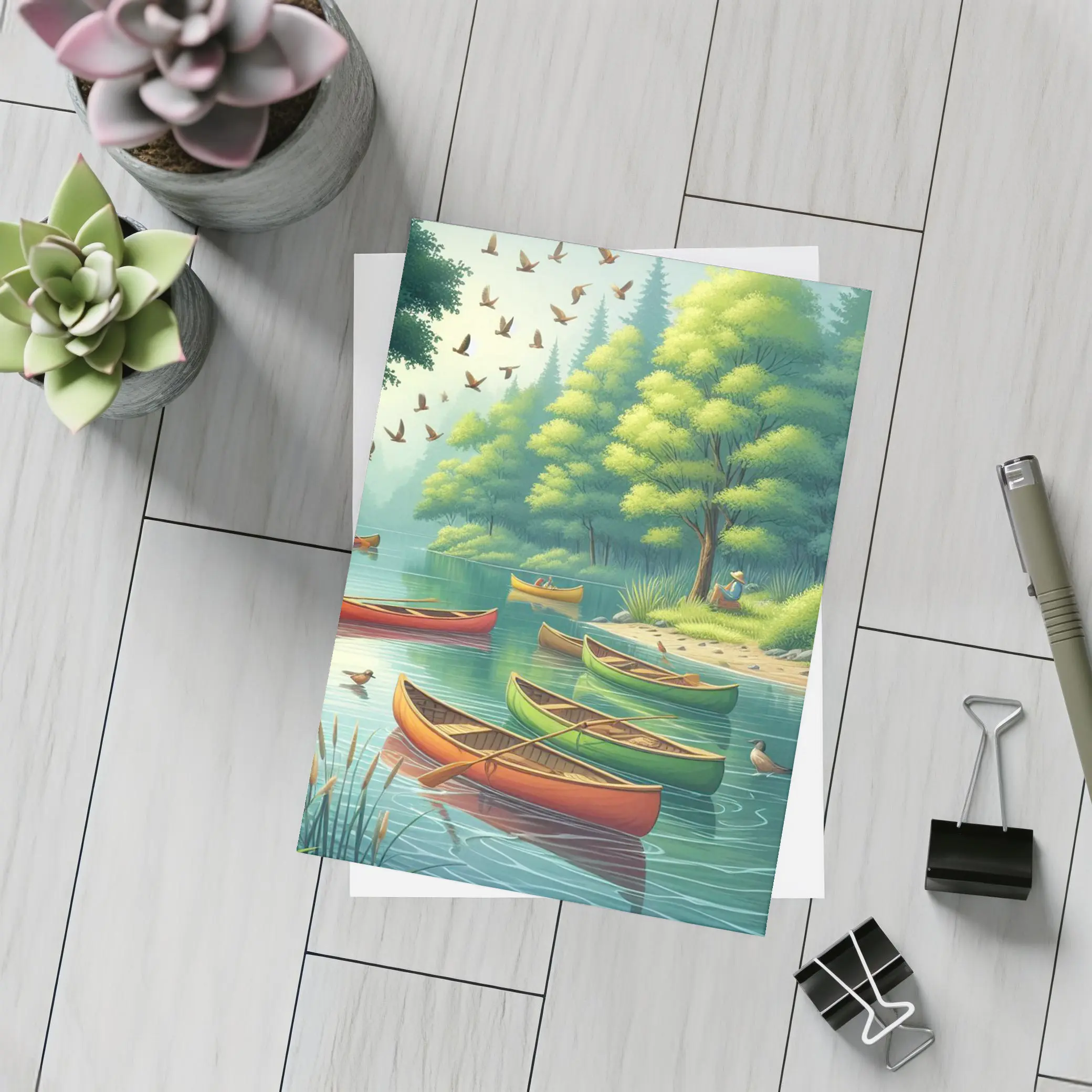 Colorful Canoes Floating on Calm Forest Lake – Postcards