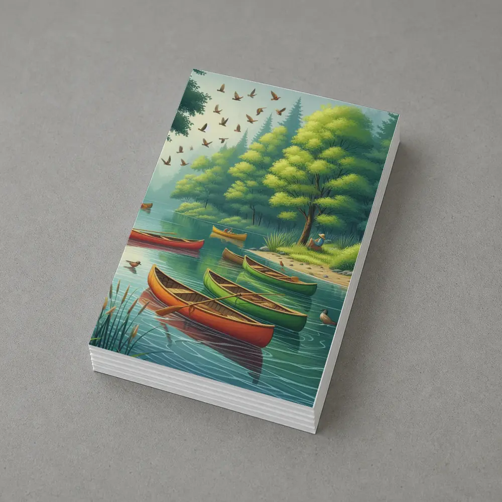 Colorful Canoes Floating on Calm Forest Lake – Postcards