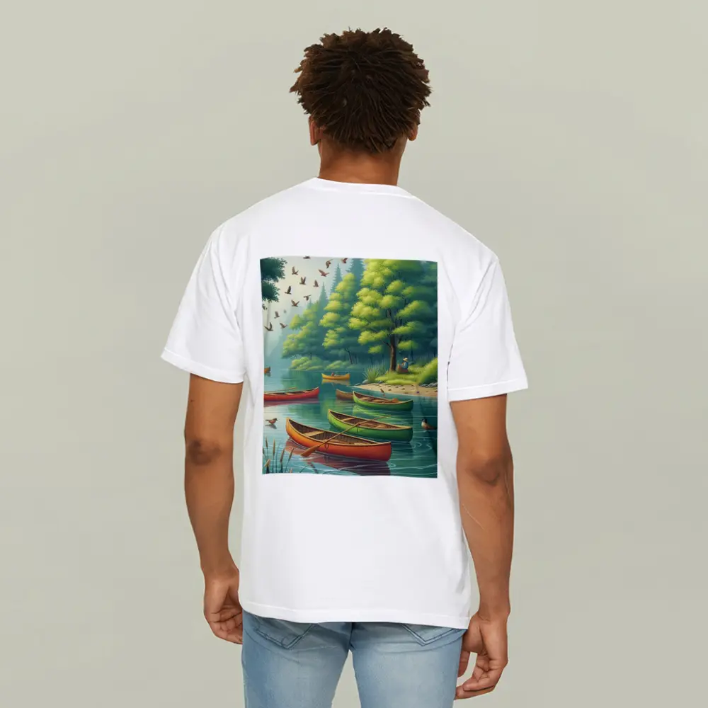 Colorful Canoes Floating on Calm Forest Lake – T-Shirts