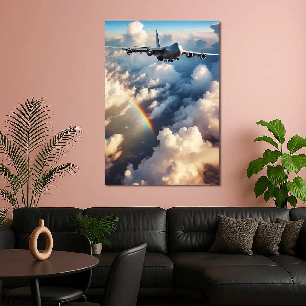 Commercial Airplane Flying Above Rainbow Clouds – Wall Art