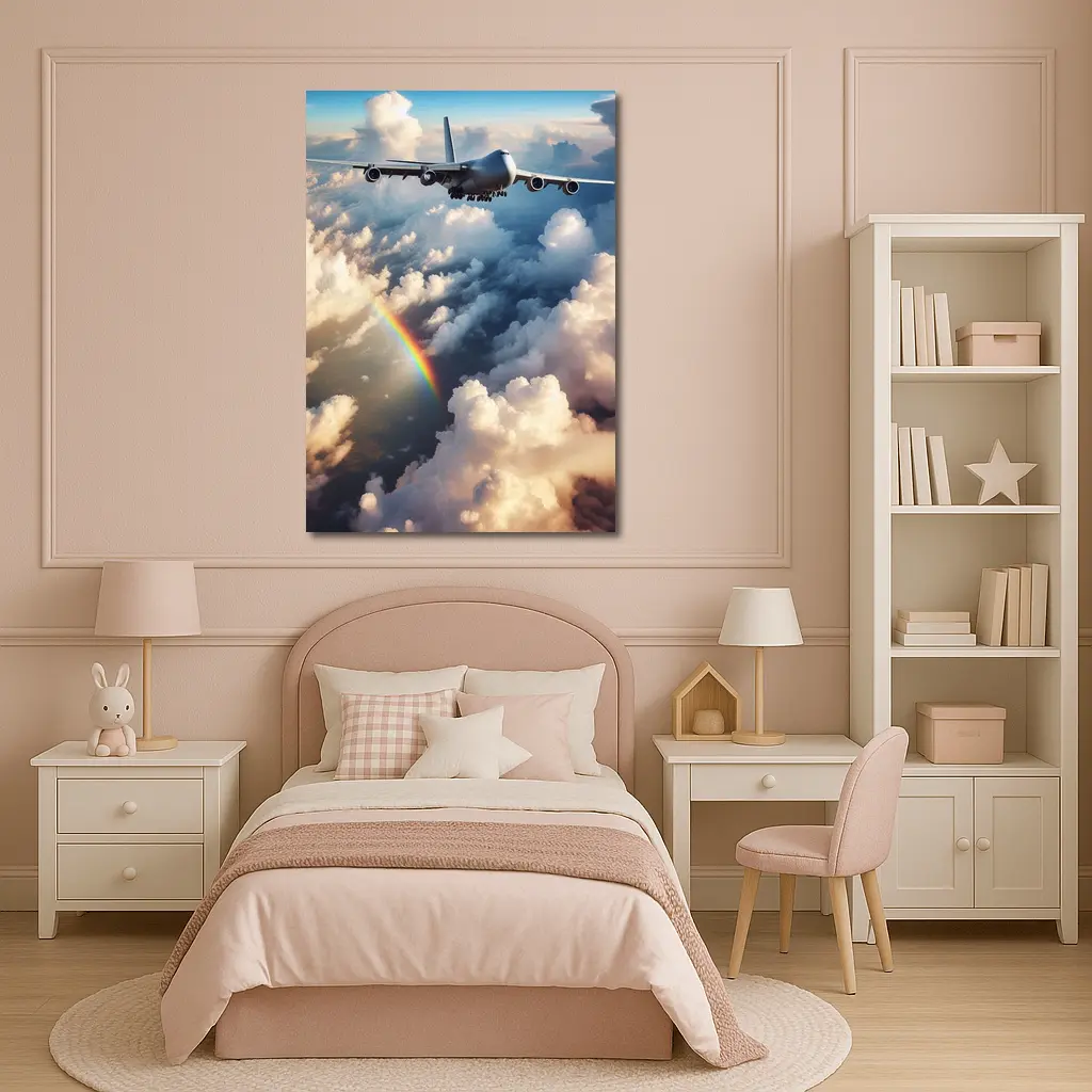 Commercial Airplane Flying Above Rainbow Clouds – Wall Art