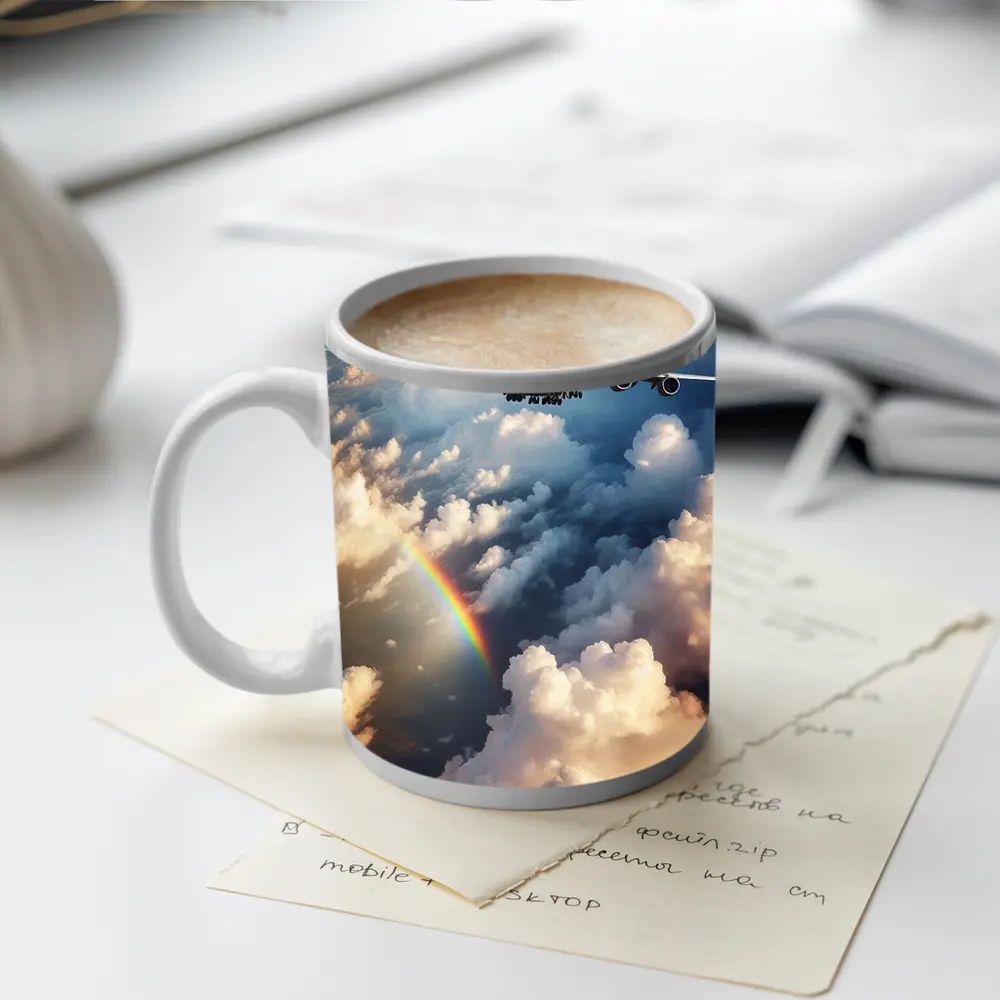 Commercial Airplane Flying Above Rainbow Clouds – Mugs