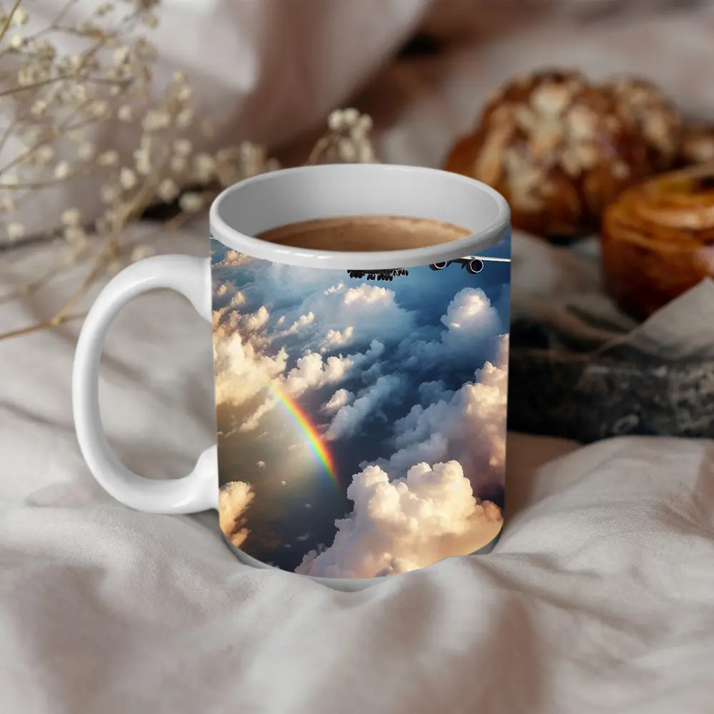 Commercial Airplane Flying Above Rainbow Clouds – Mugs
