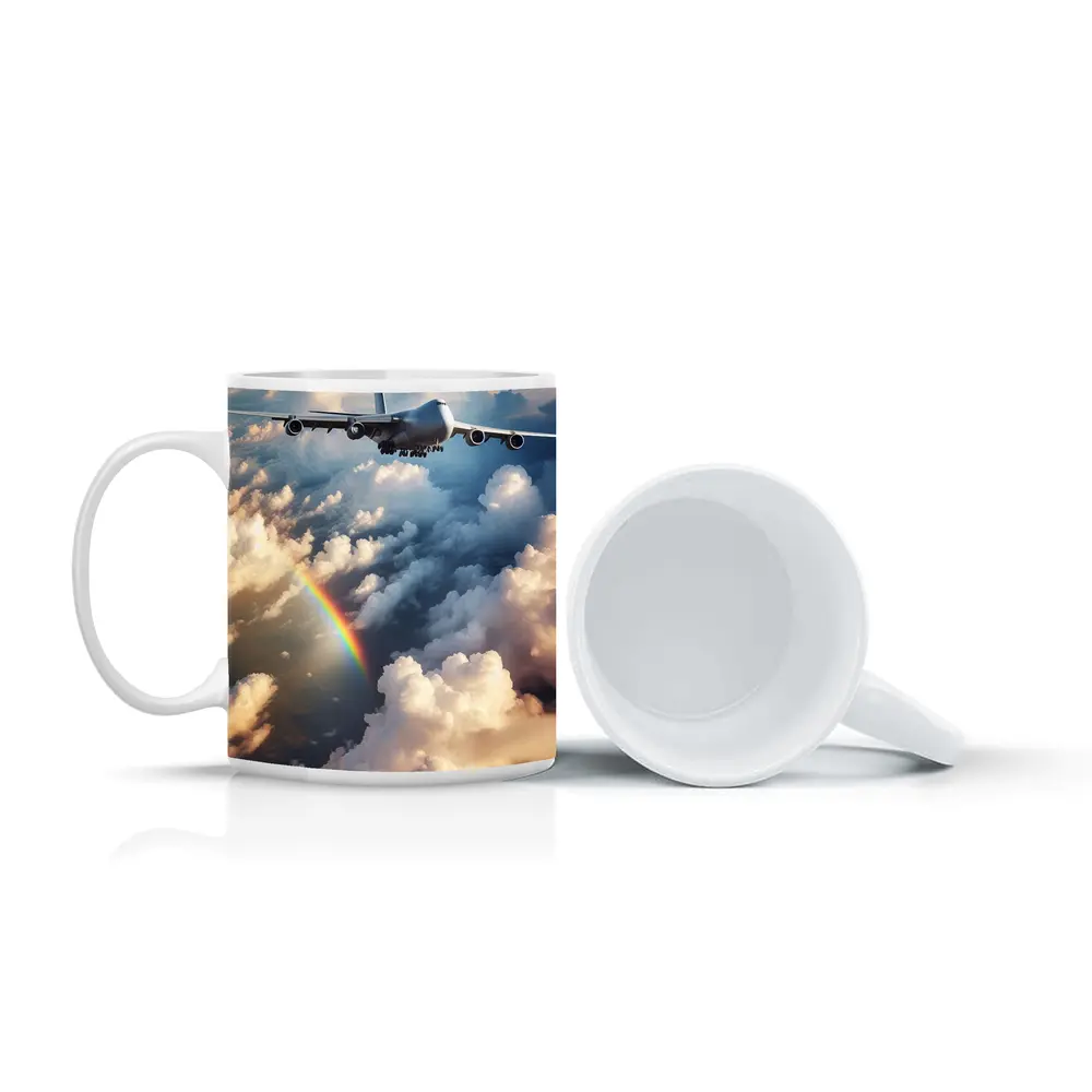 Commercial Airplane Flying Above Rainbow Clouds – Mugs