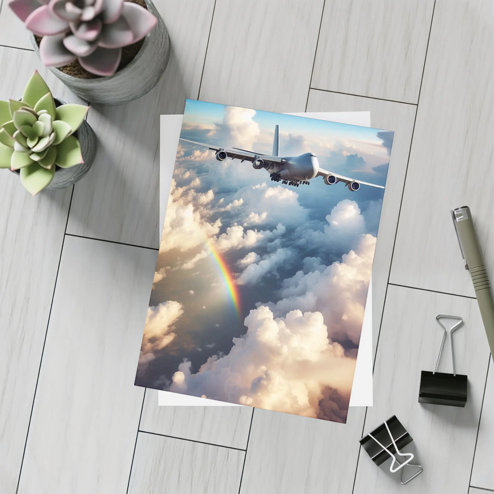 Commercial Airplane Flying Above Rainbow Clouds – Postcards