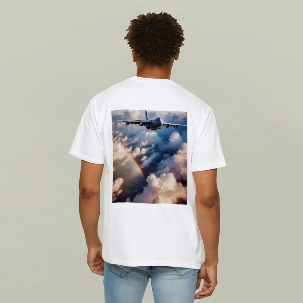 Commercial Airplane Flying Above Rainbow Clouds – T-Shirts