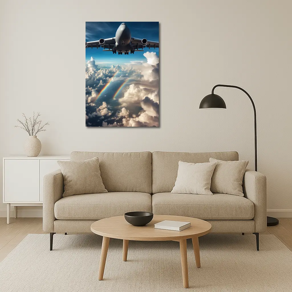 Large Airplane Flying Above Rainbow Clouds – Wall Art