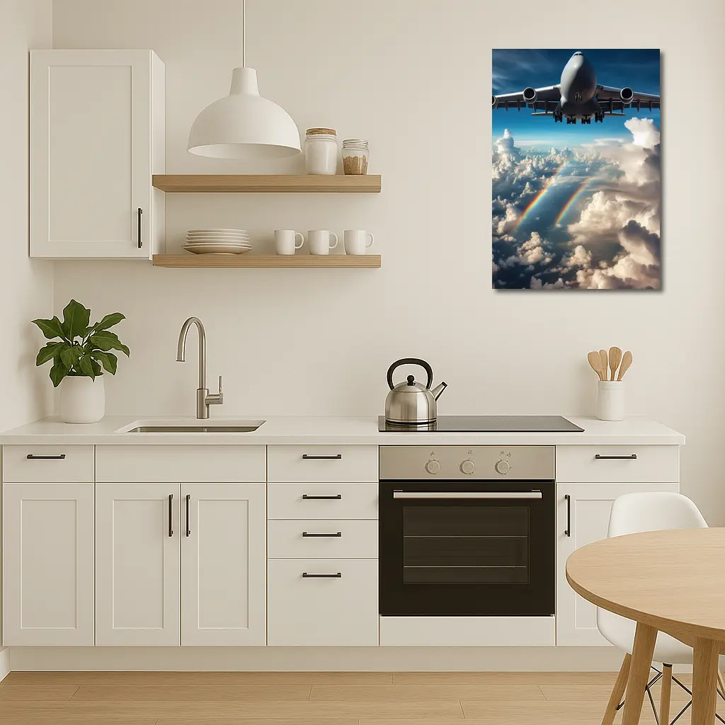 Large Airplane Flying Above Rainbow Clouds – Wall Art