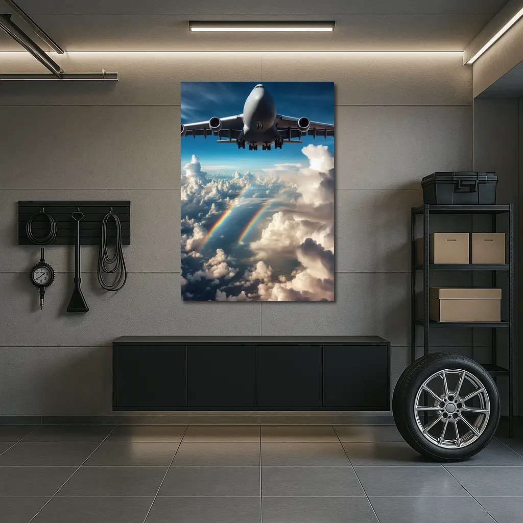 Large Airplane Flying Above Rainbow Clouds – Wall Art