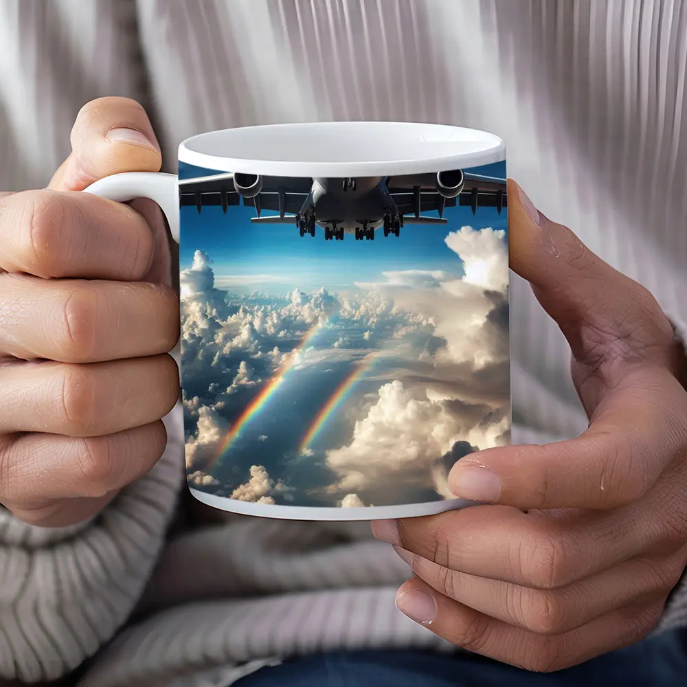 Large Airplane Flying Above Rainbow Clouds – Mugs