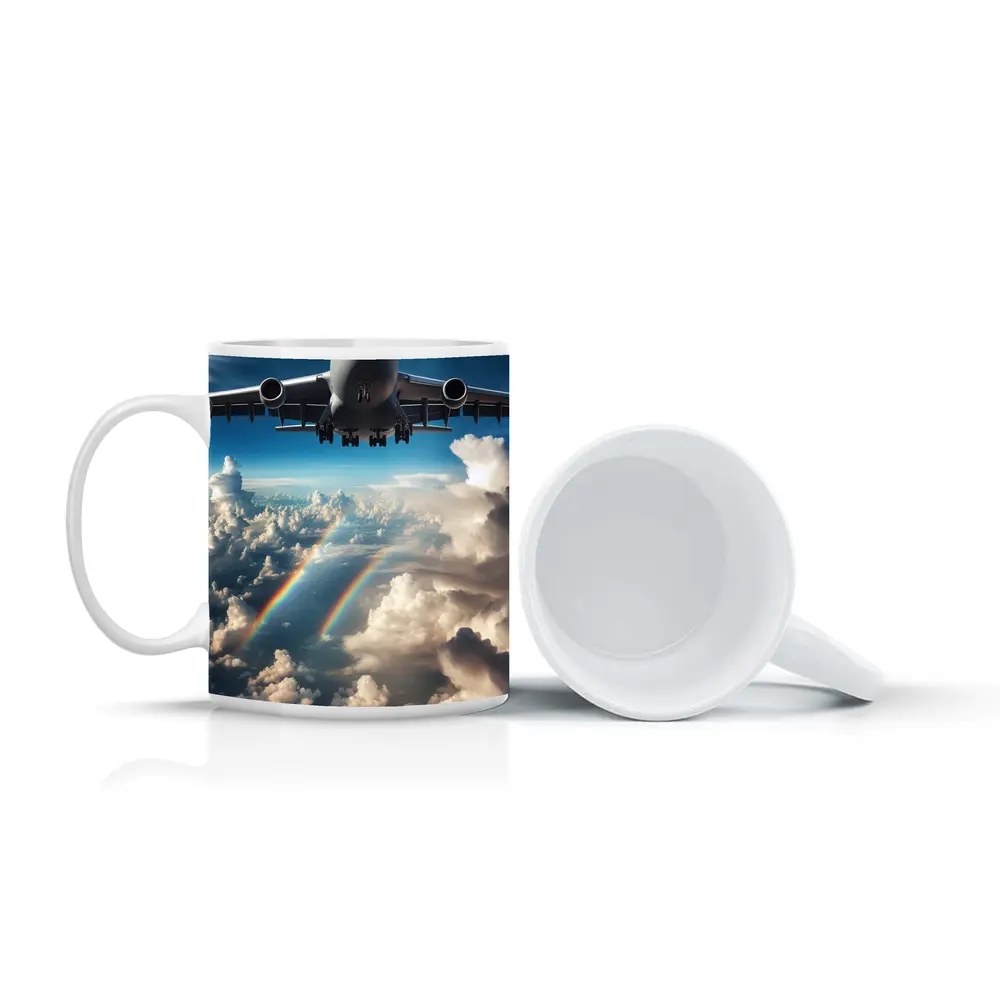 Large Airplane Flying Above Rainbow Clouds – Mugs