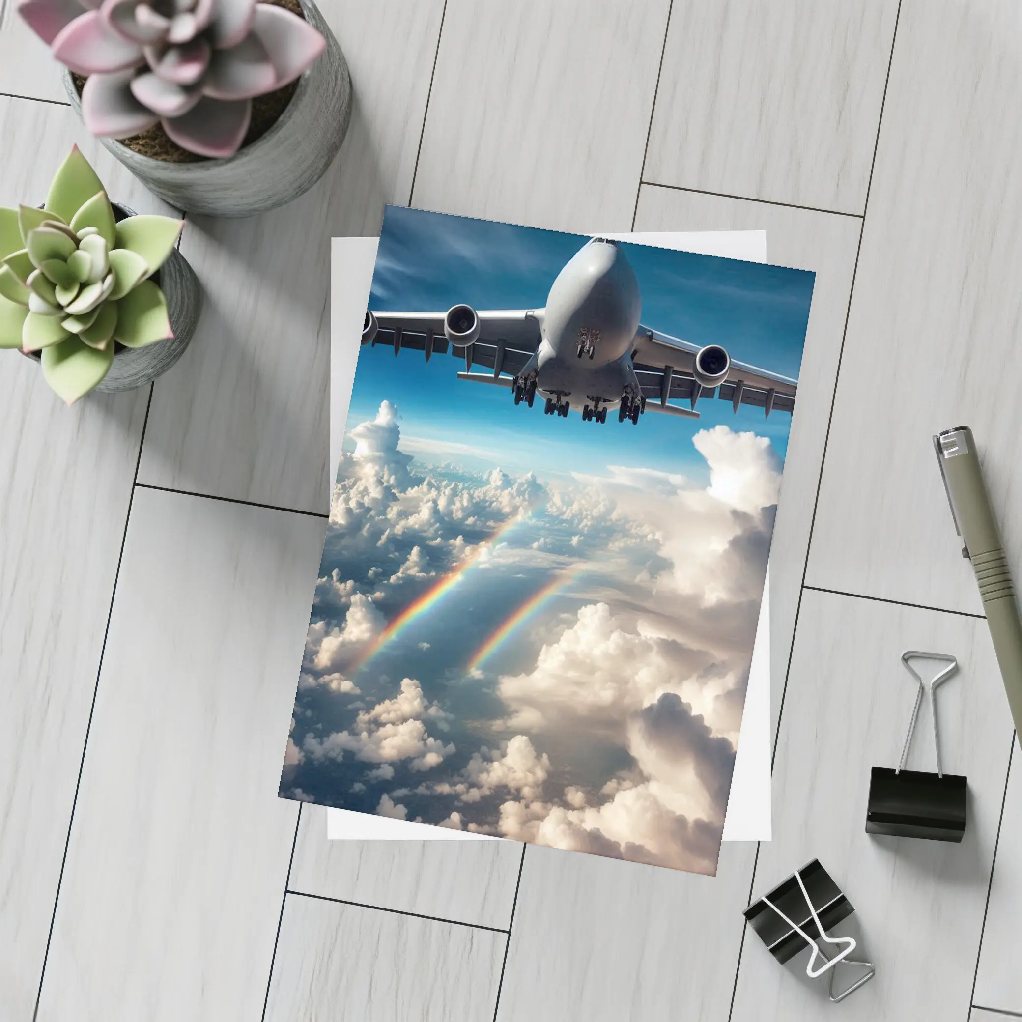 Large Airplane Flying Above Rainbow Clouds – Postcards