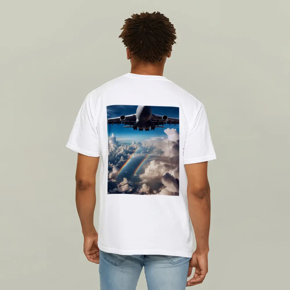 Large Airplane Flying Above Rainbow Clouds – T-Shirts