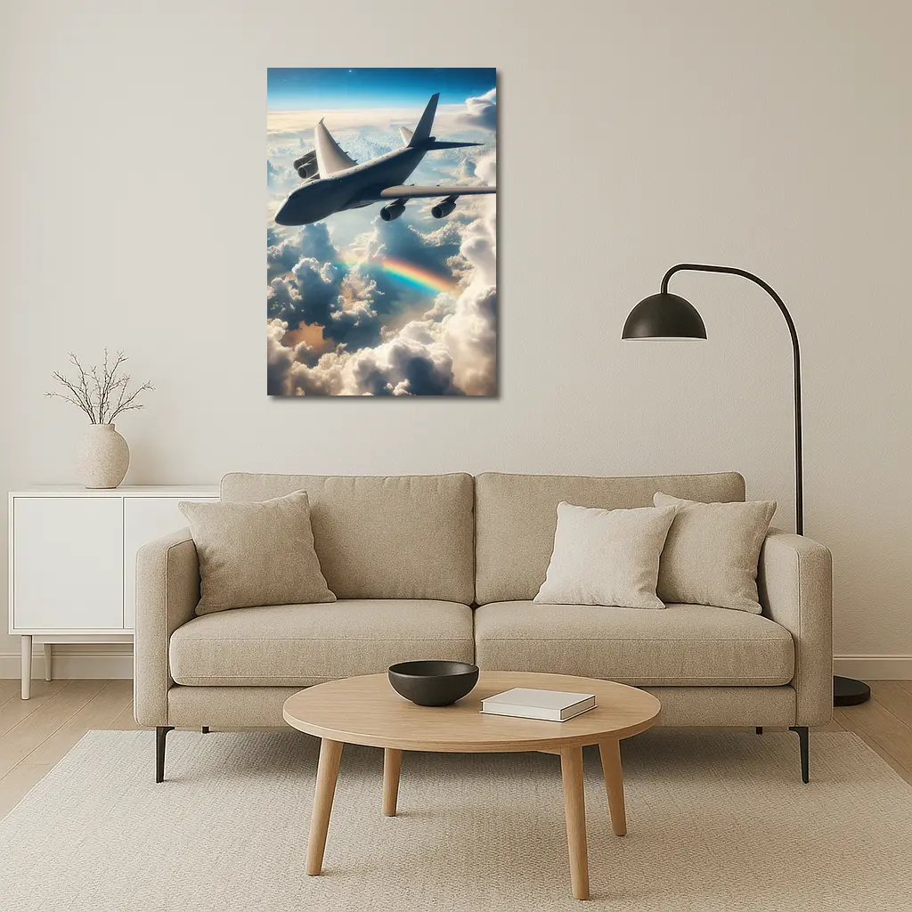Large Airplane Flying Above Rainbow Clouds – Wall Art