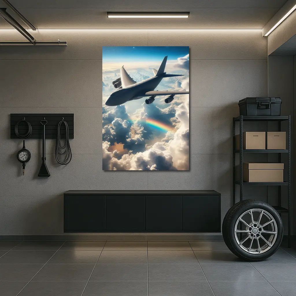 Large Airplane Flying Above Rainbow Clouds – Wall Art