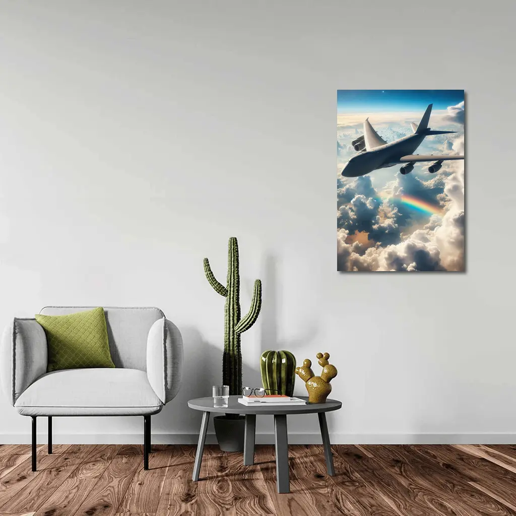 Large Airplane Flying Above Rainbow Clouds – Wall Art