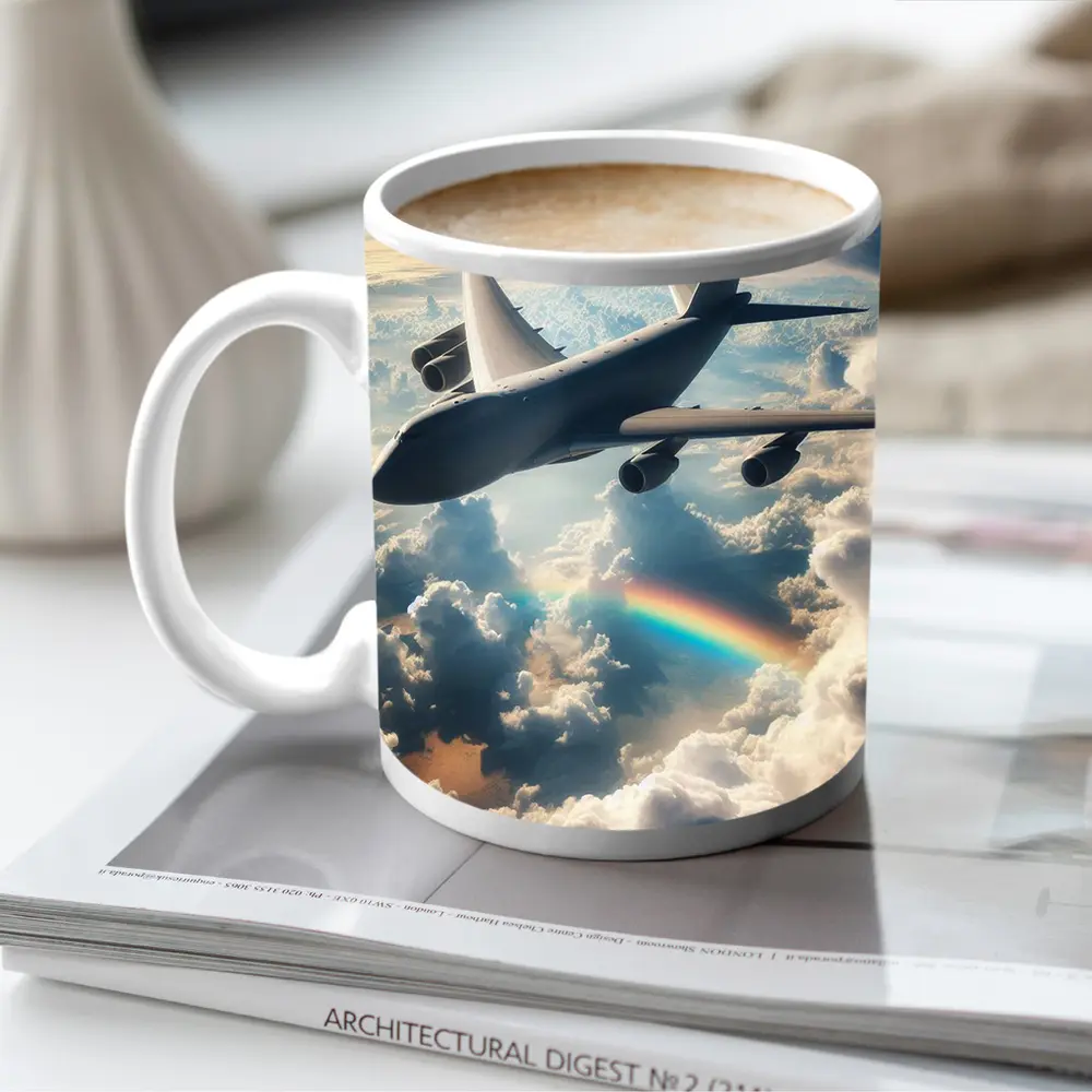 Large Airplane Flying Above Rainbow Clouds – Mugs
