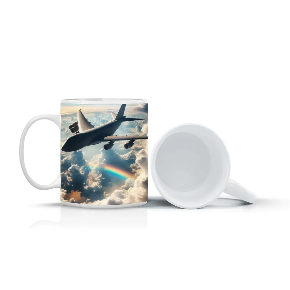 Large Airplane Flying Above Rainbow Clouds – Mugs