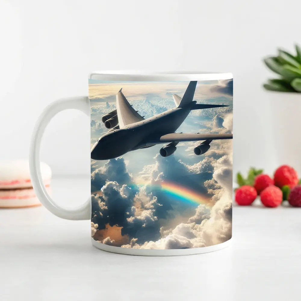 Large Airplane Flying Above Rainbow Clouds – Mugs