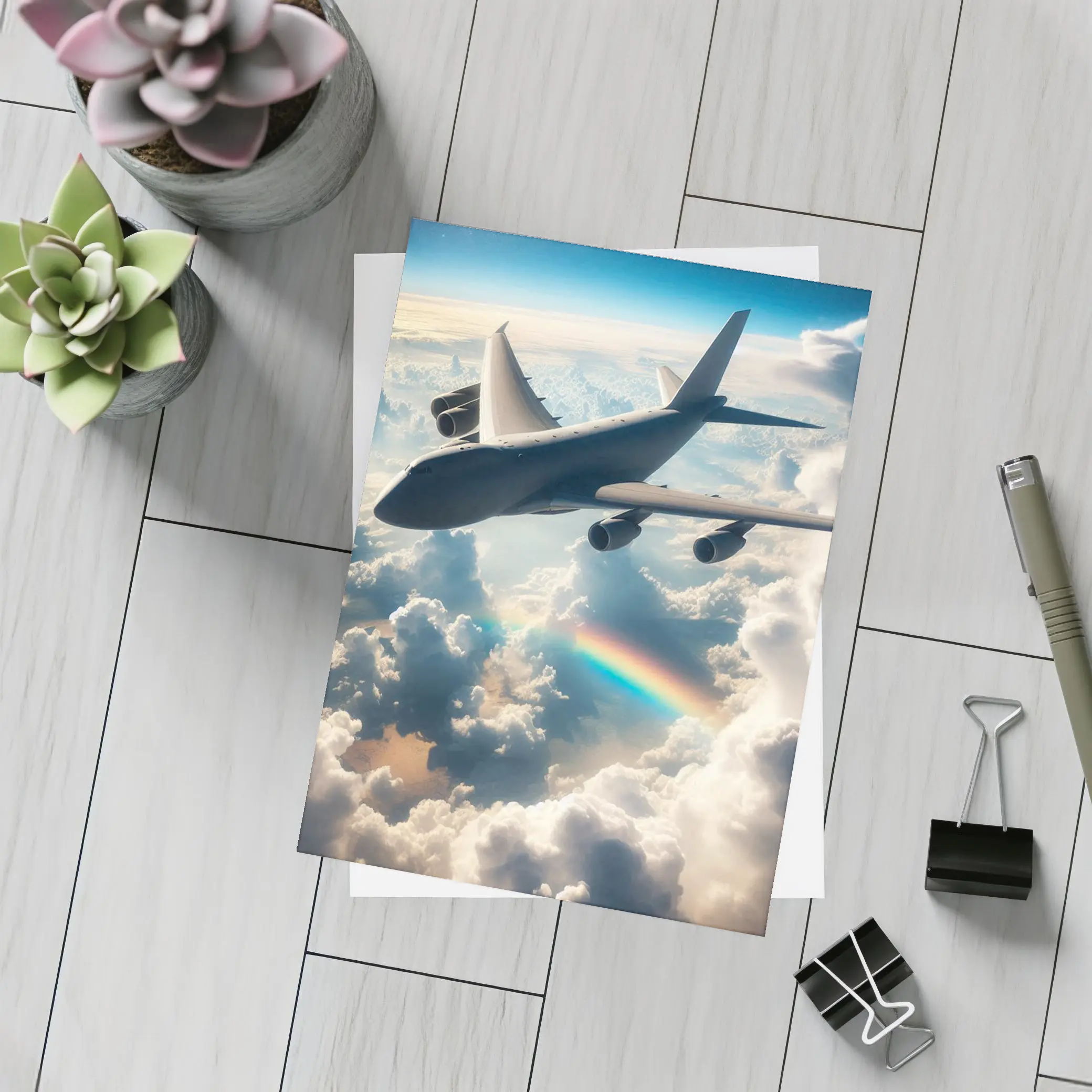Large Airplane Flying Above Rainbow Clouds – Postcards
