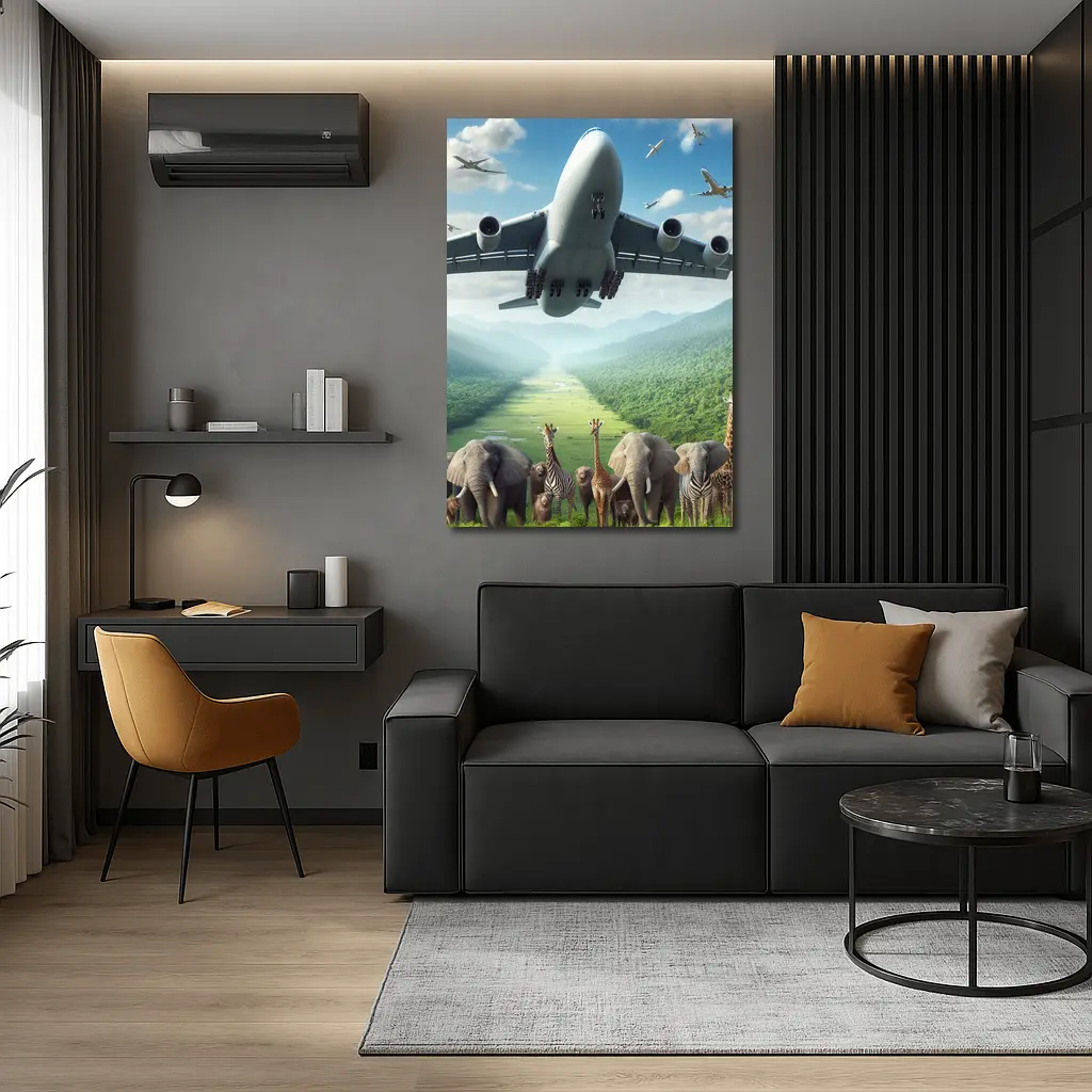 Airplane Flying Over Safari Animals Green Valley – Wall Art