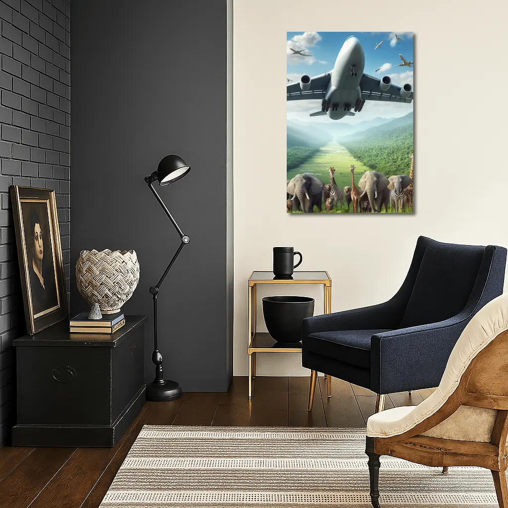 Airplane Flying Over Safari Animals Green Valley – Wall Art