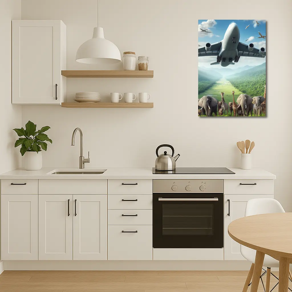 Airplane Flying Over Safari Animals Green Valley – Wall Art