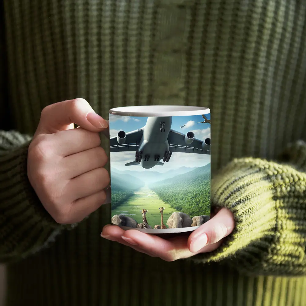 Airplane Flying Over Safari Animals Green Valley – Mugs
