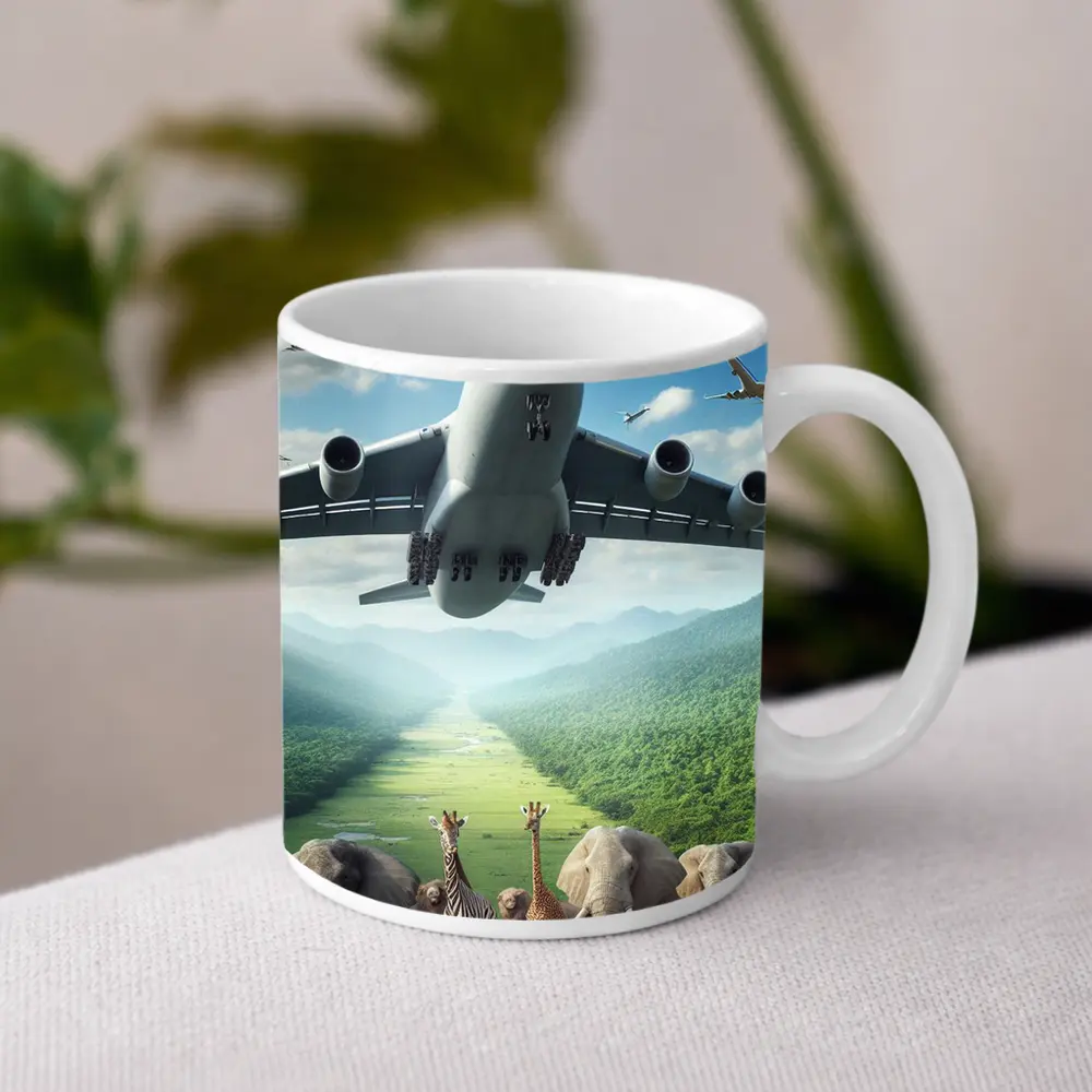 Airplane Flying Over Safari Animals Green Valley – Mugs