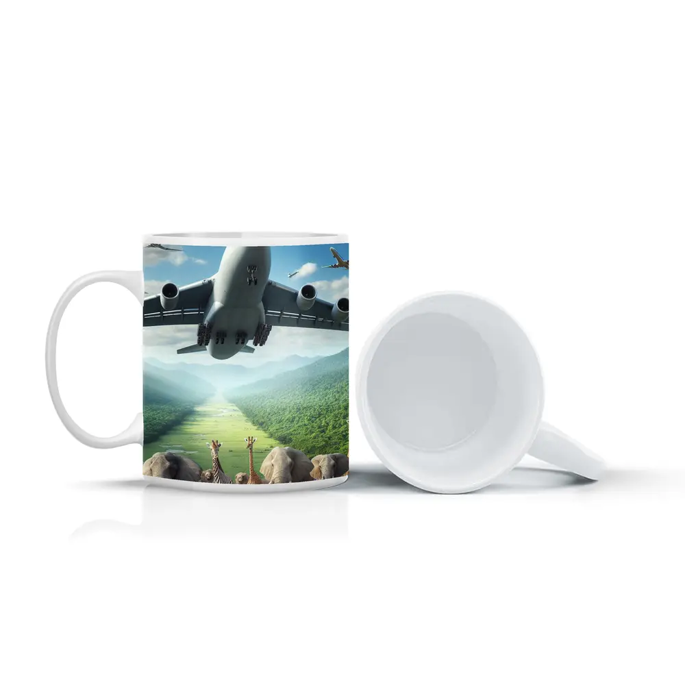 Airplane Flying Over Safari Animals Green Valley – Mugs