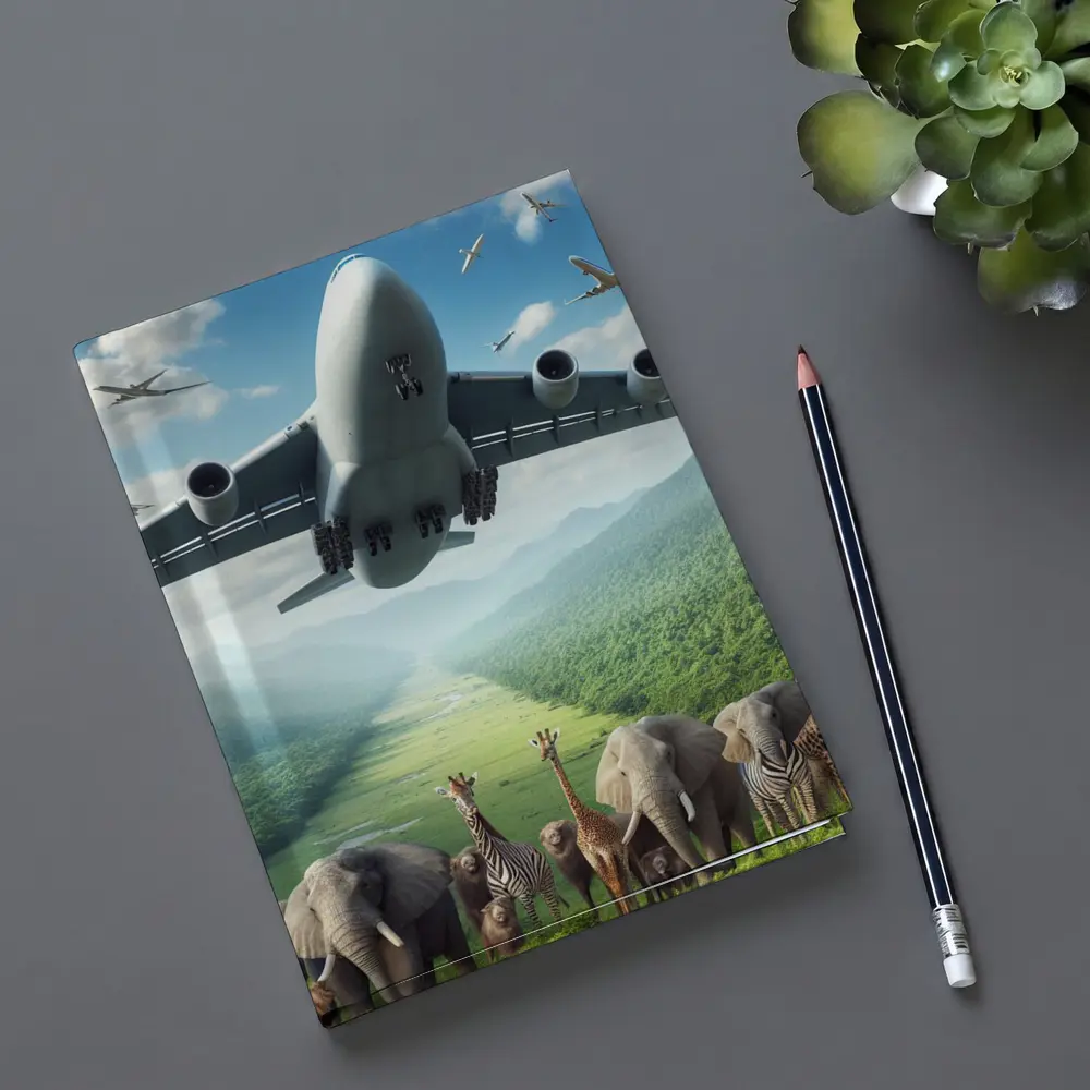 Airplane Flying Over Safari Animals Green Valley – Notebooks