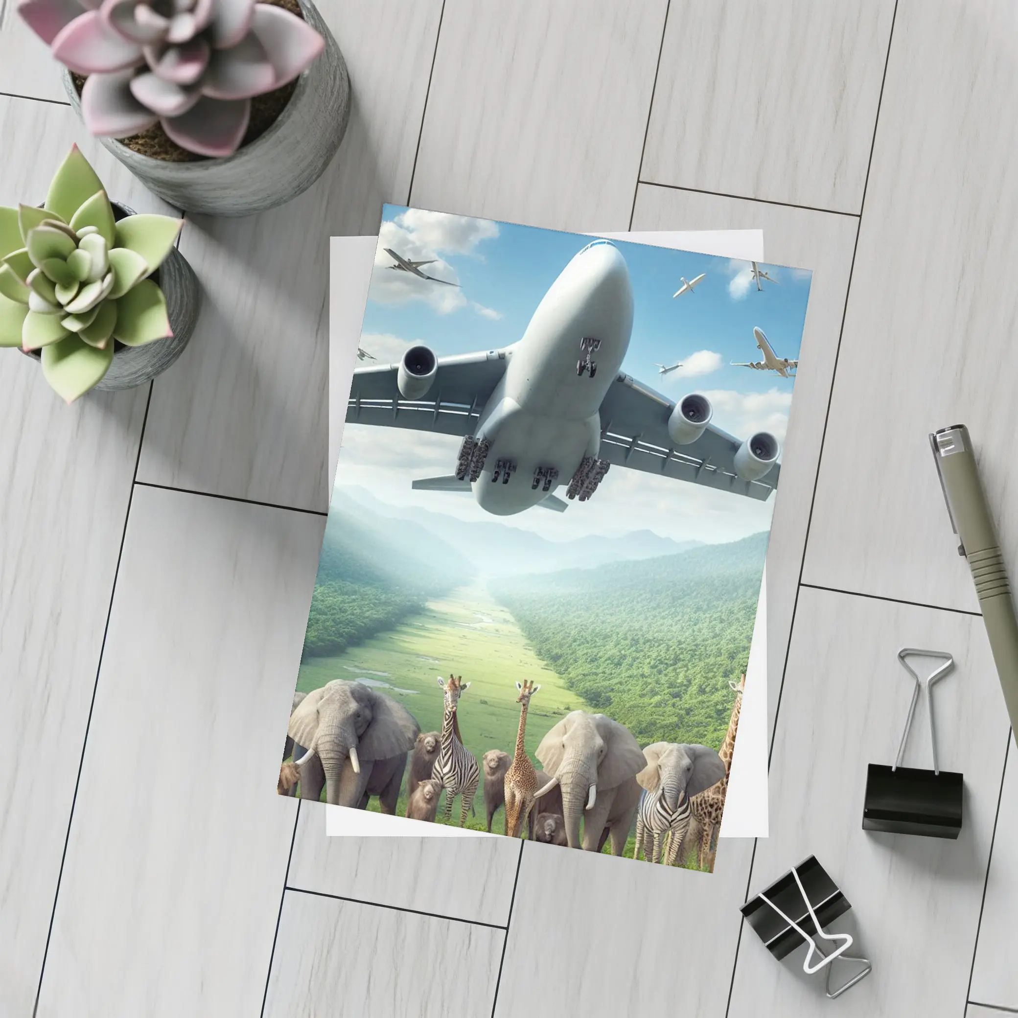 Airplane Flying Over Safari Animals Green Valley – Postcards