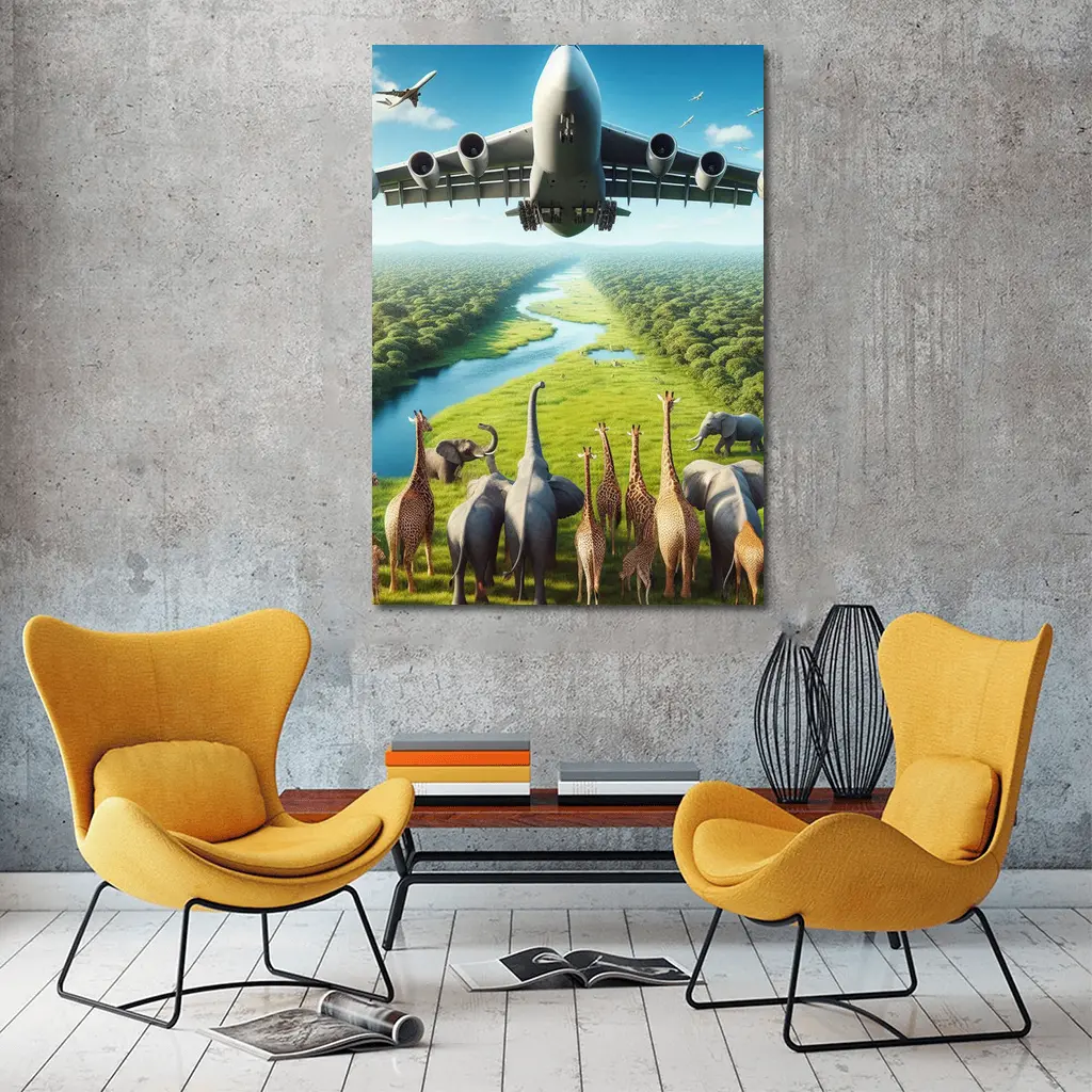 Airplane Flying Over Giraffes and Elephants Safari – Wall Art