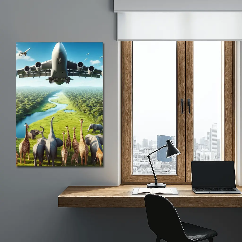 Airplane Flying Over Giraffes and Elephants Safari – Wall Art
