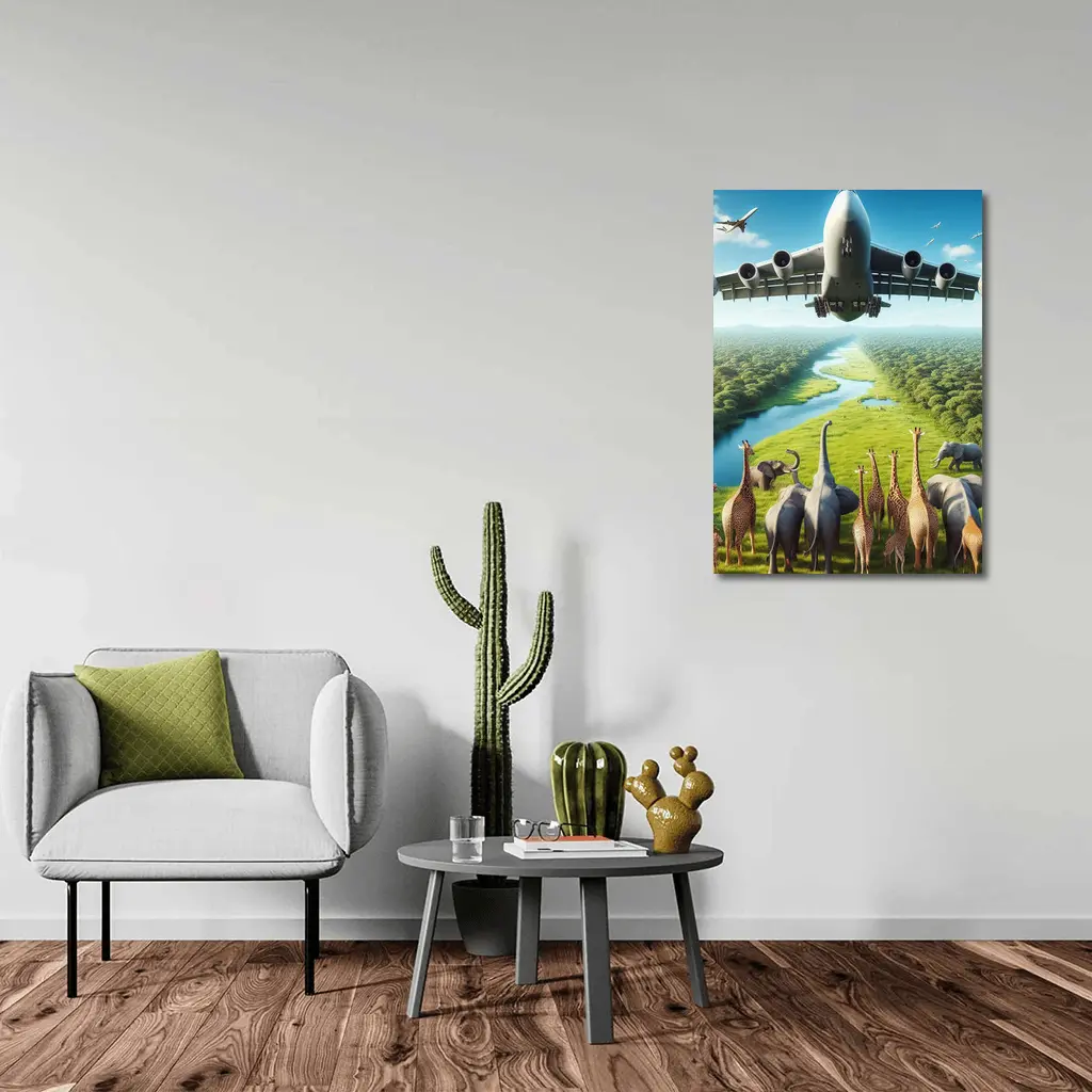 Airplane Flying Over Giraffes and Elephants Safari – Wall Art