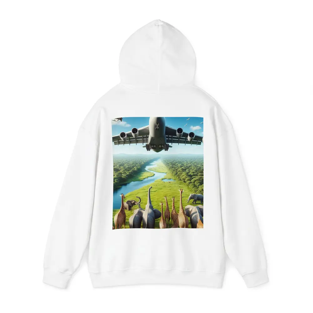 Airplane Flying Over Giraffes and Elephants Safari – Hoodies