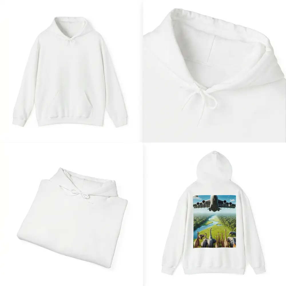 Airplane Flying Over Giraffes and Elephants Safari – Hoodies