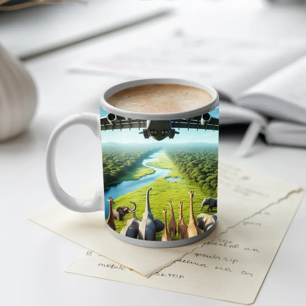 Airplane Flying Over Giraffes and Elephants Safari – Mugs