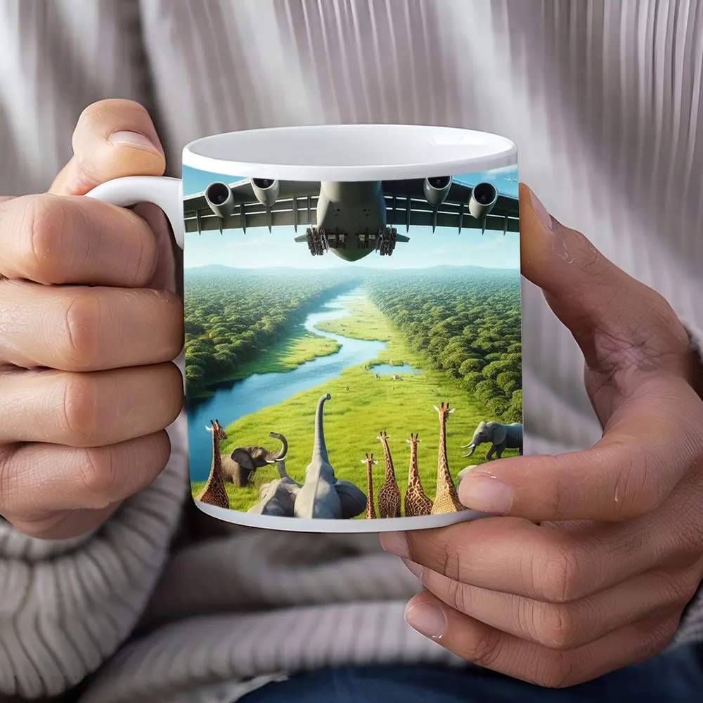 Airplane Flying Over Giraffes and Elephants Safari – Mugs