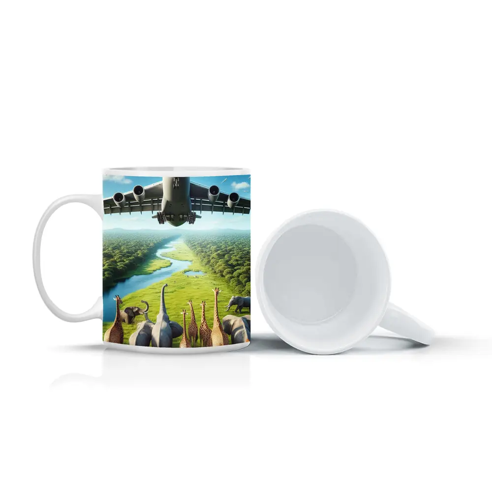 Airplane Flying Over Giraffes and Elephants Safari – Mugs
