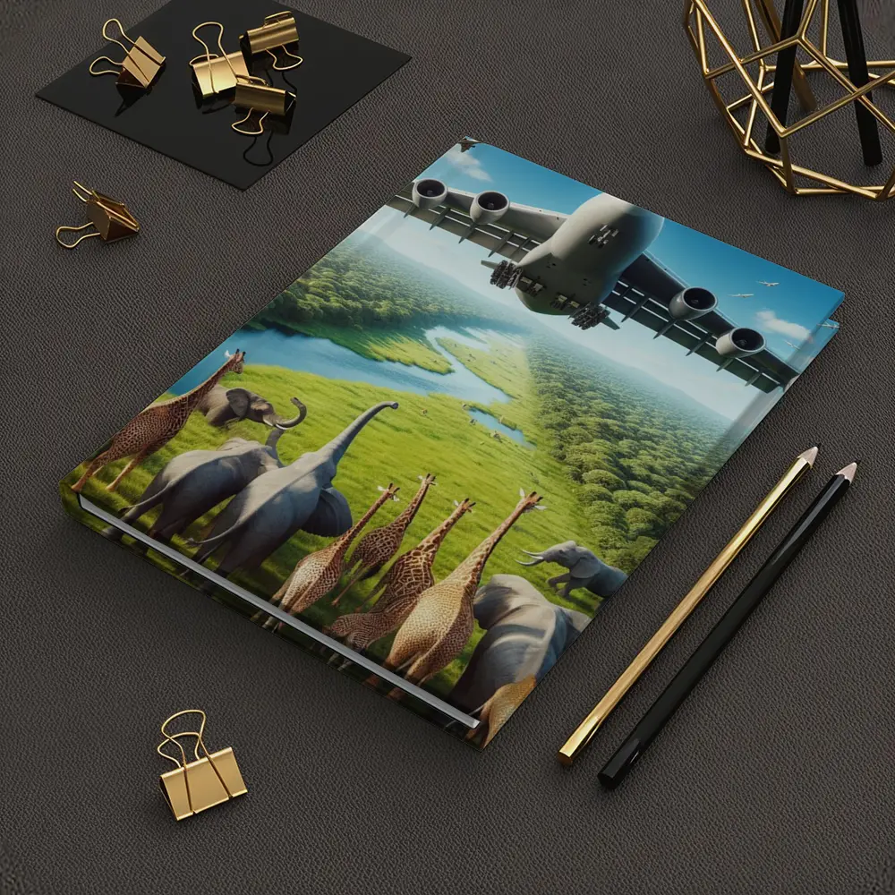 Airplane Flying Over Giraffes and Elephants Safari – Notebooks