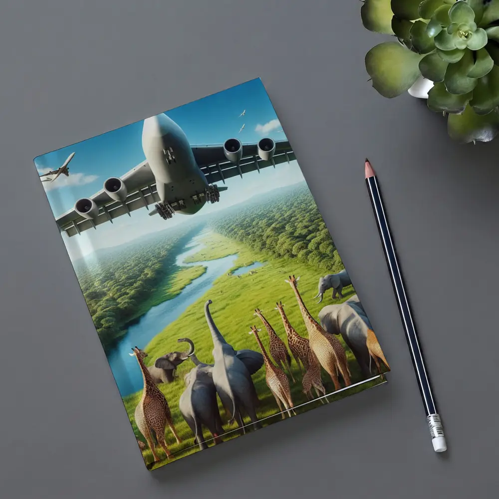 Airplane Flying Over Giraffes and Elephants Safari – Notebooks