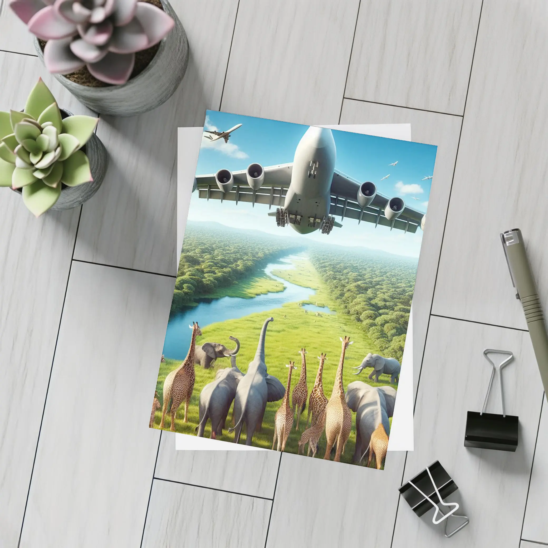 Airplane Flying Over Giraffes and Elephants Safari – Postcards