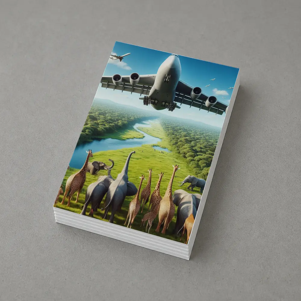 Airplane Flying Over Giraffes and Elephants Safari – Postcards