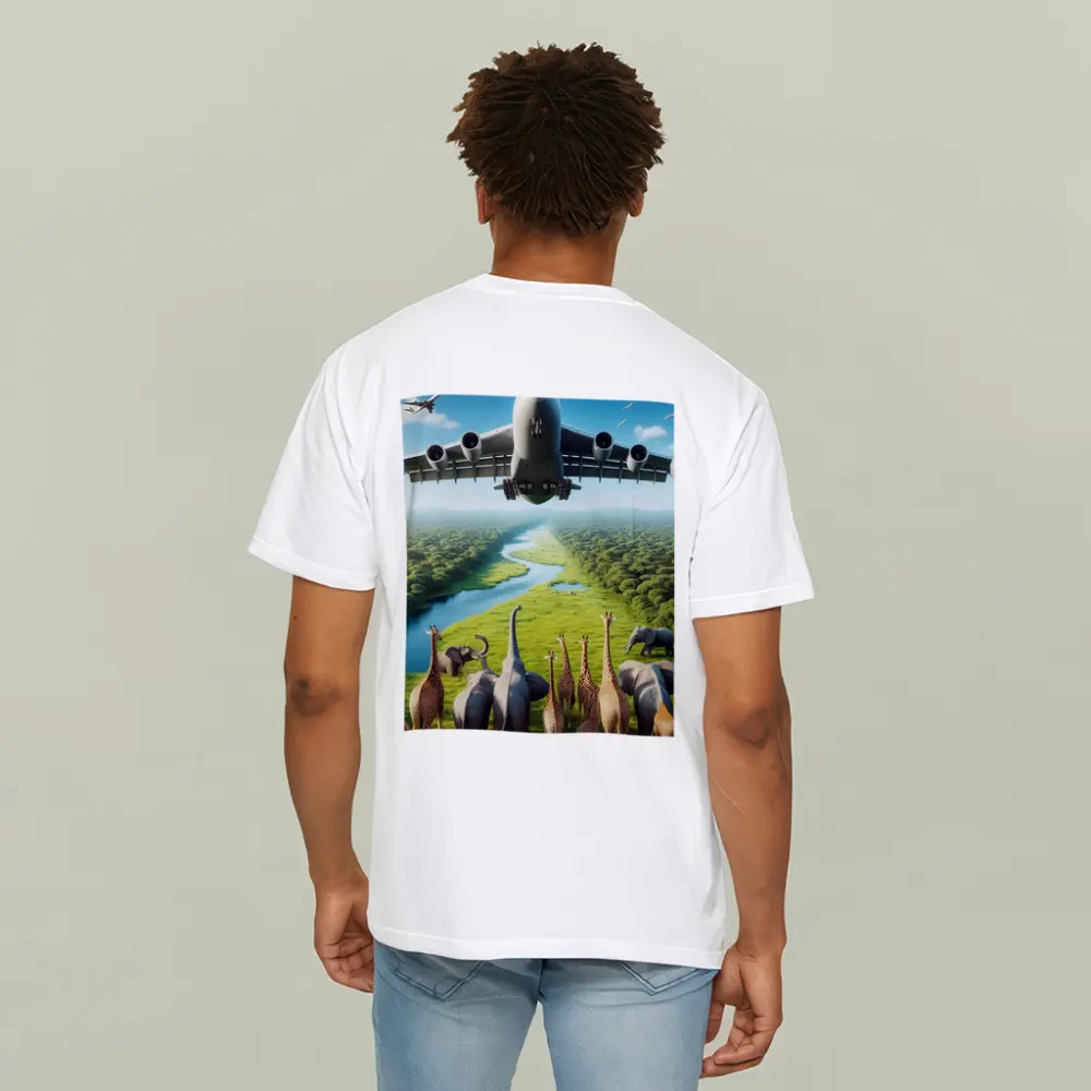 Airplane Flying Over Giraffes and Elephants Safari – T-Shirts
