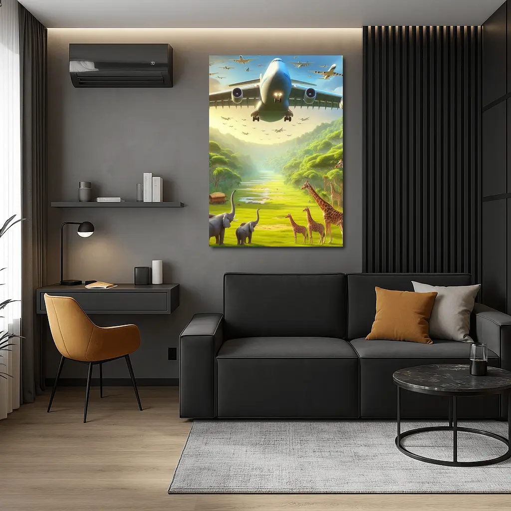 Airplane Flying Over Safari Wildlife Scene – Wall Art