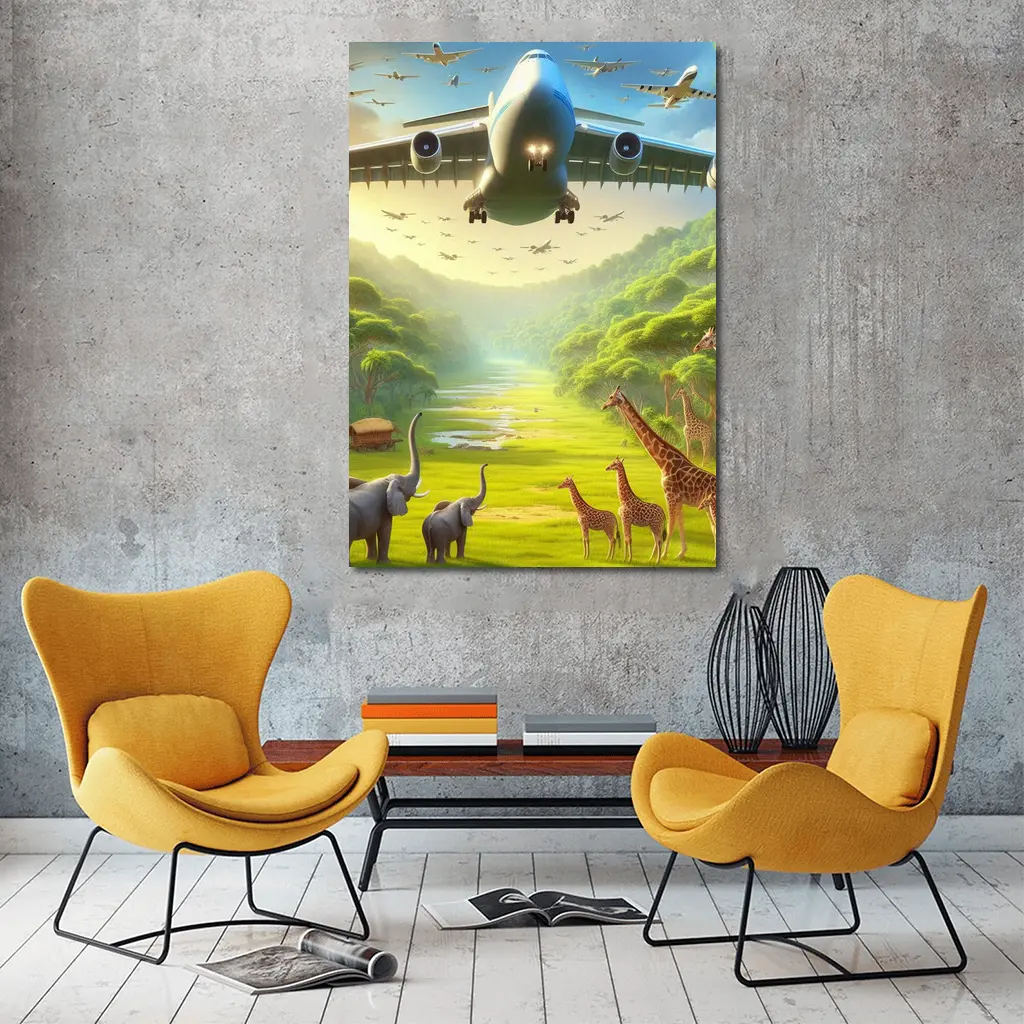 Airplane Flying Over Safari Wildlife Scene – Wall Art